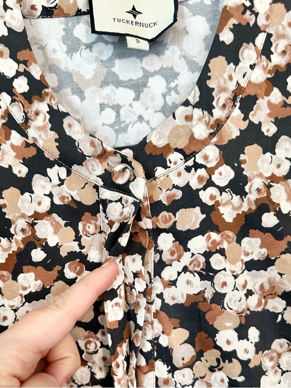 Tuckernuck Woodrose Royal Shirt Dress Brown and Cream Floral Button-Front - S - Picture 5 of 8